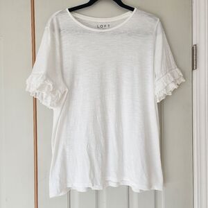 Loft 100% Cotton White Ruffle Sleeve Lace Insert Blouse L